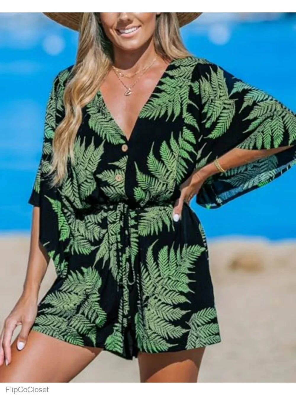 Women's Tropical Romper V-Neck Tie Waist Short Sleeve Rayon Jumpsuit